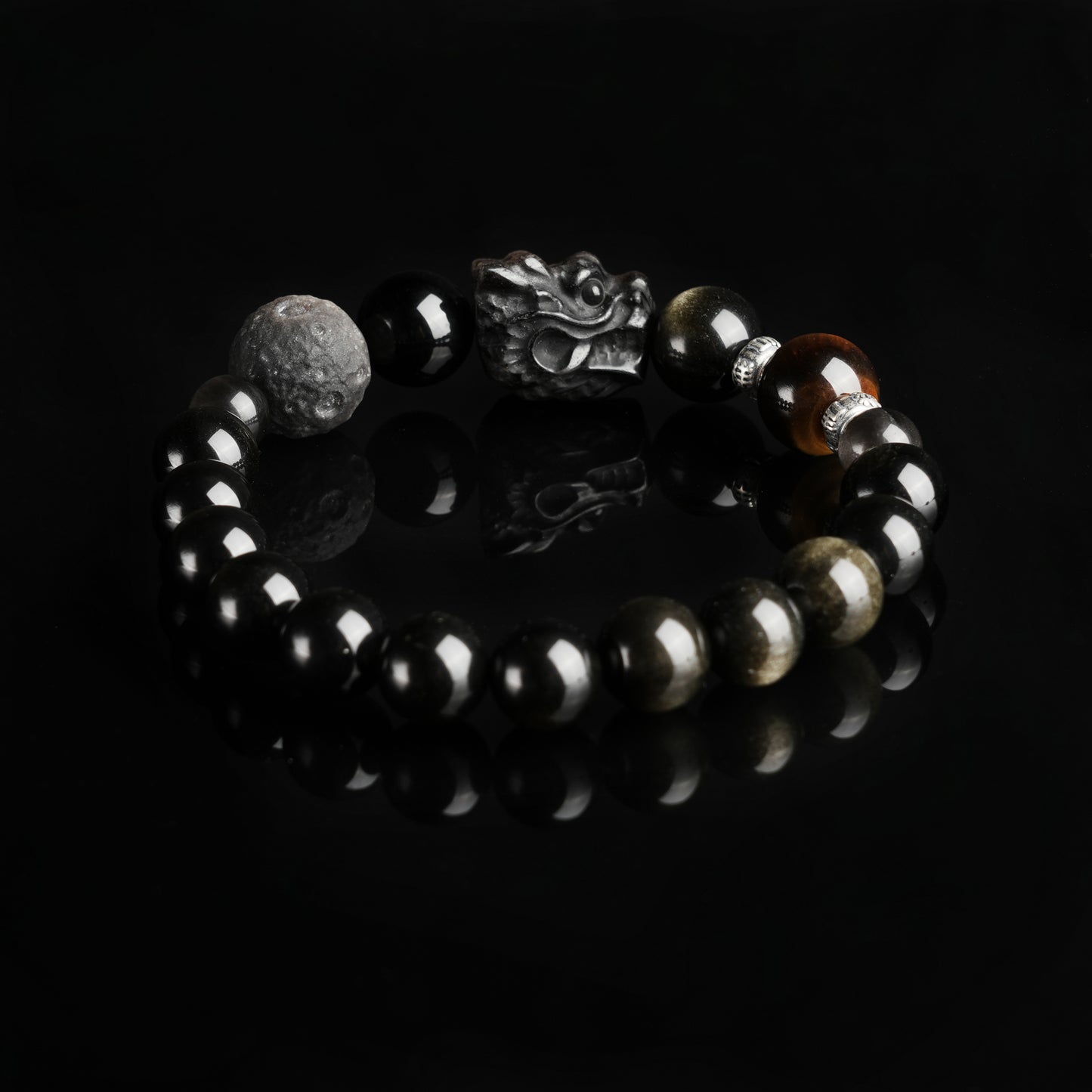 Obsidian Tiger's Eye Silver Golden Sheen Strength Bracelet