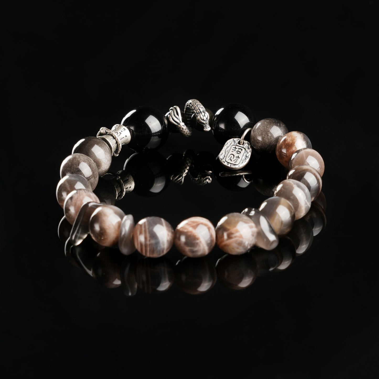 Obsidian Silver Black Sunstone Strength Bracelet