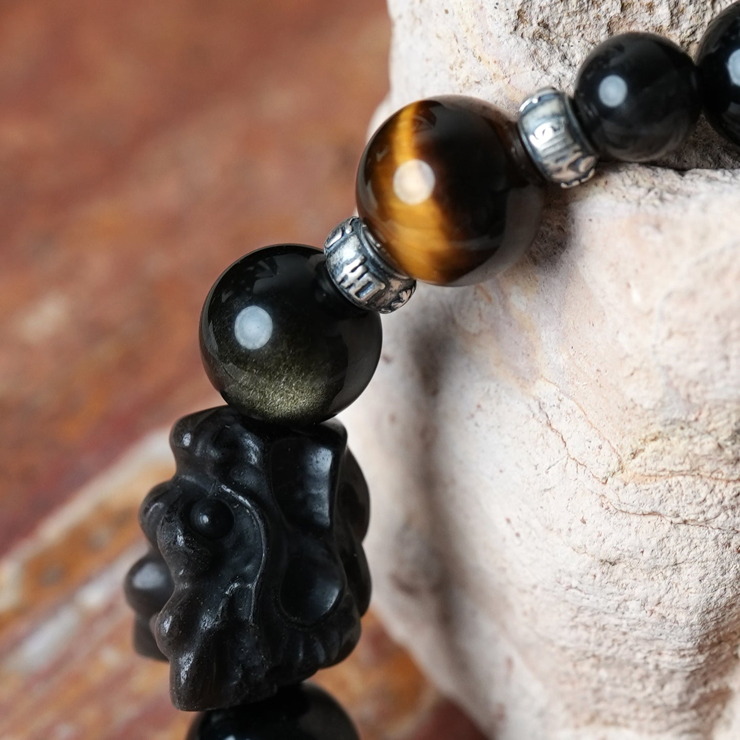 Obsidian Tiger's Eye Silver Golden Sheen Strength Bracelet