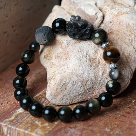 Obsidian Tiger's Eye Silver Golden Sheen Strength Bracelet