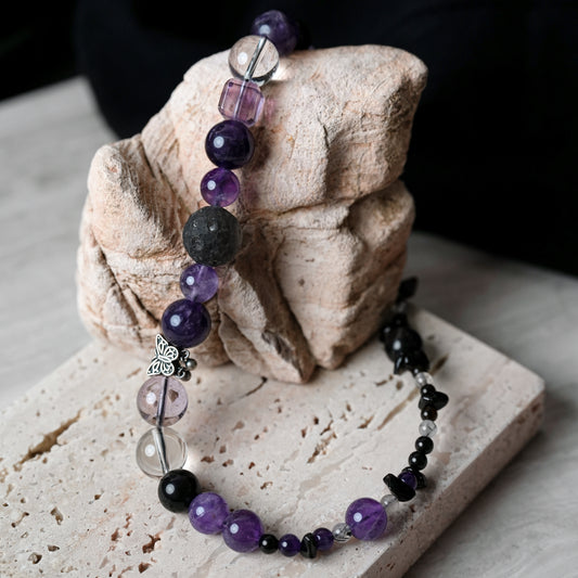 Moon Stone Golden Sheen Obsidian Amethyst Black Bracelet