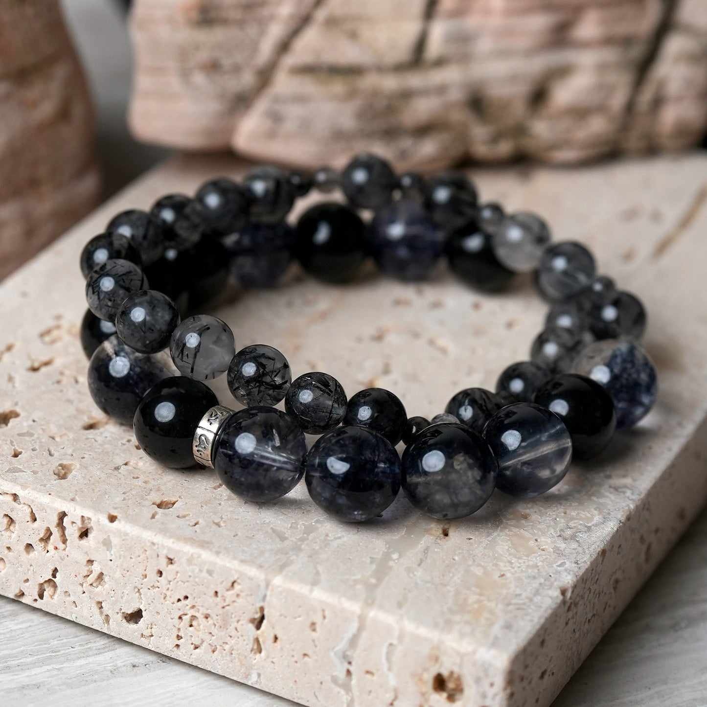 Obsidian Black Rutilated Quartz Silver Strength Bracelet