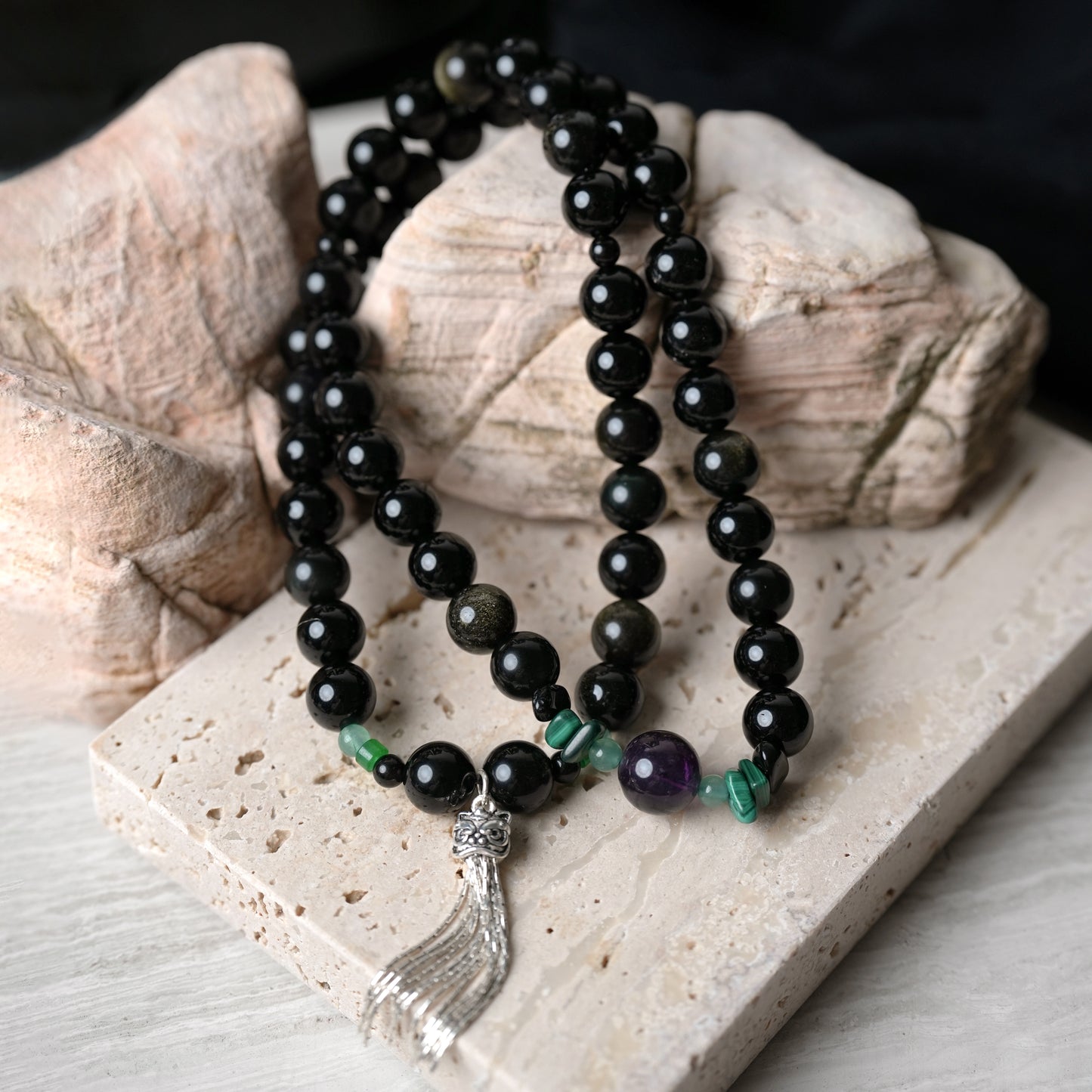 Obsidian Amethyst Malachite Agate Bracelet