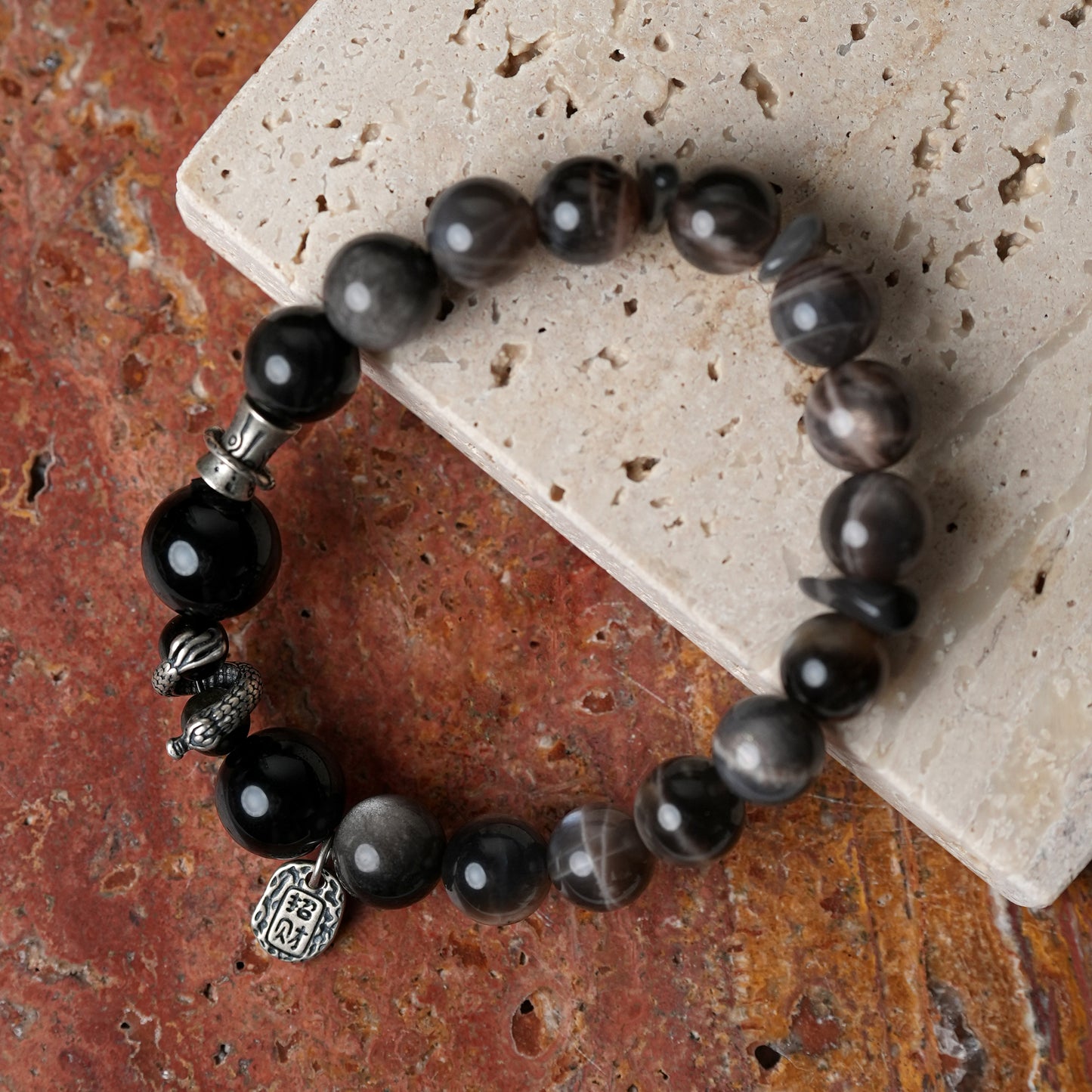 Obsidian Silver Black Sunstone Strength Bracelet