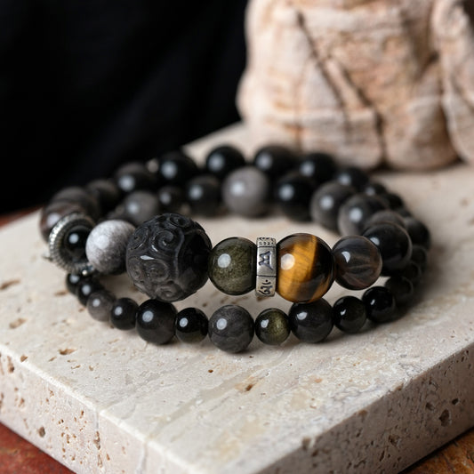 Silver Golden Sheen Obsidian Black Stone Strength Bracelet