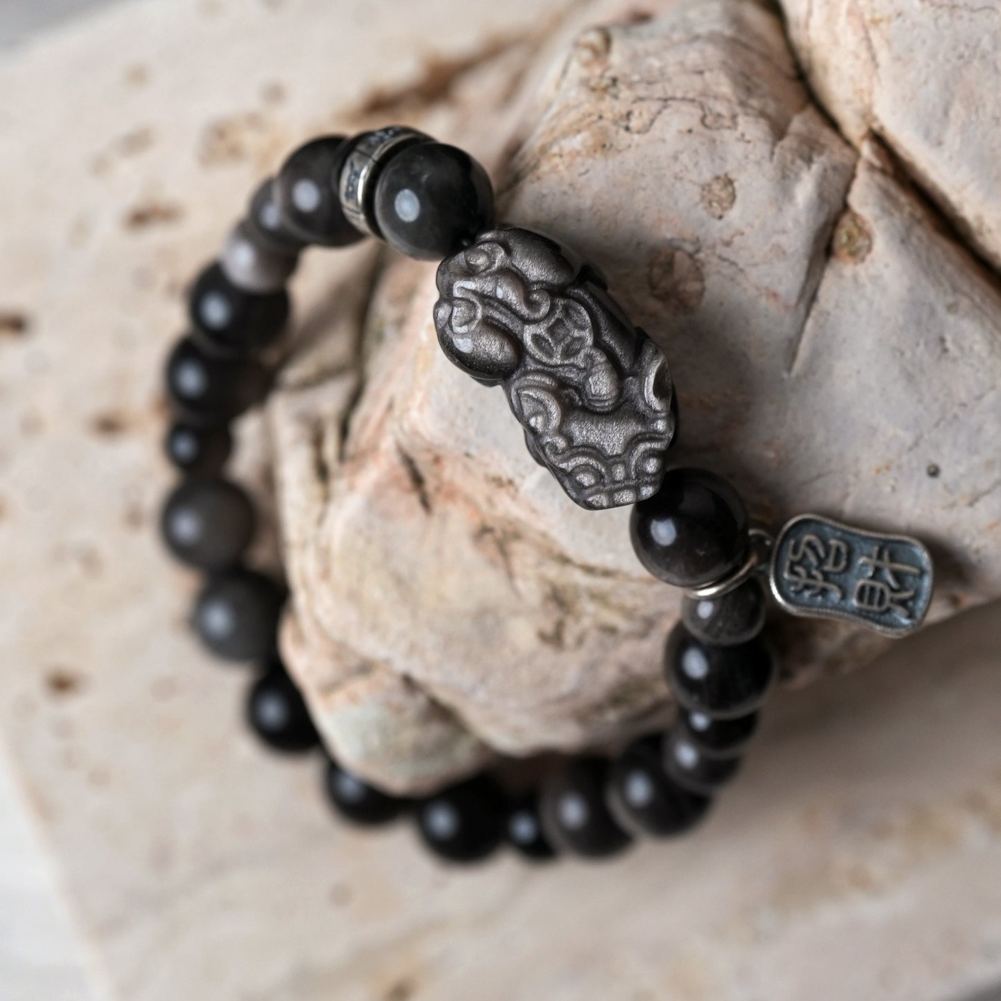 Obsidian Silver Secretive Couple Love Strength Bracelet