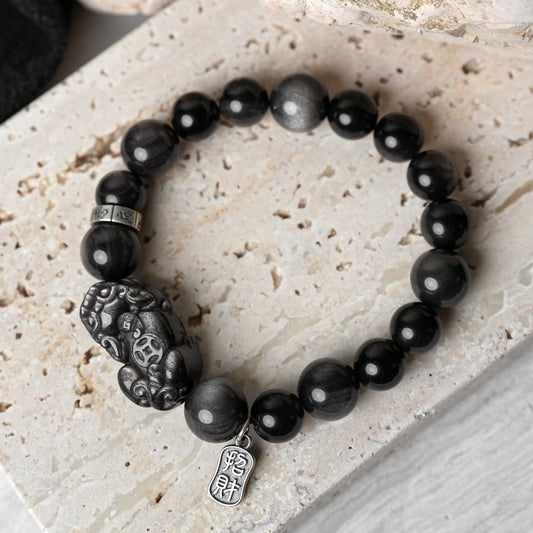 Silver Obsidian Black Stone Strength Bracelet