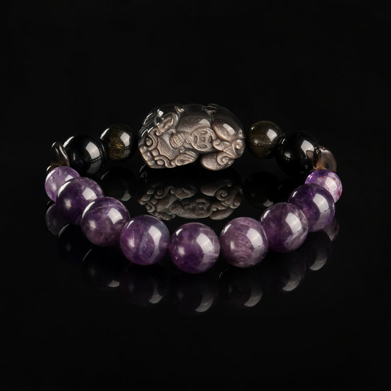 Amethyst Silver Obsidian  Healing Bracelet