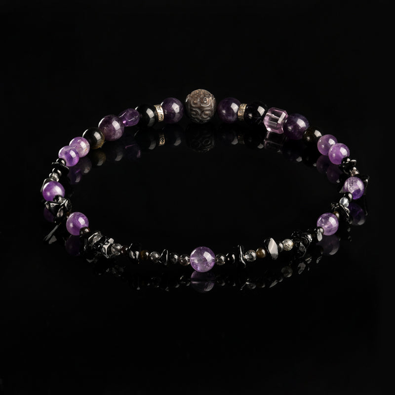 Black Obsidian Amethyst Rutilated Quartz Double Layer Bracelet