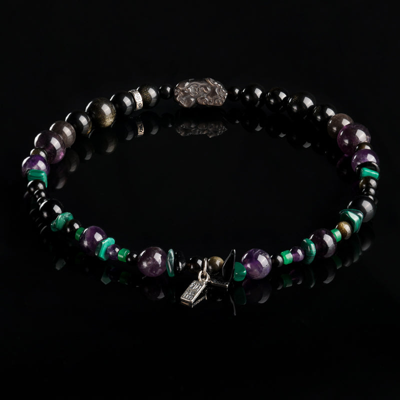 Black Obsidian Malachite Amethyst Double Layer Bracelet