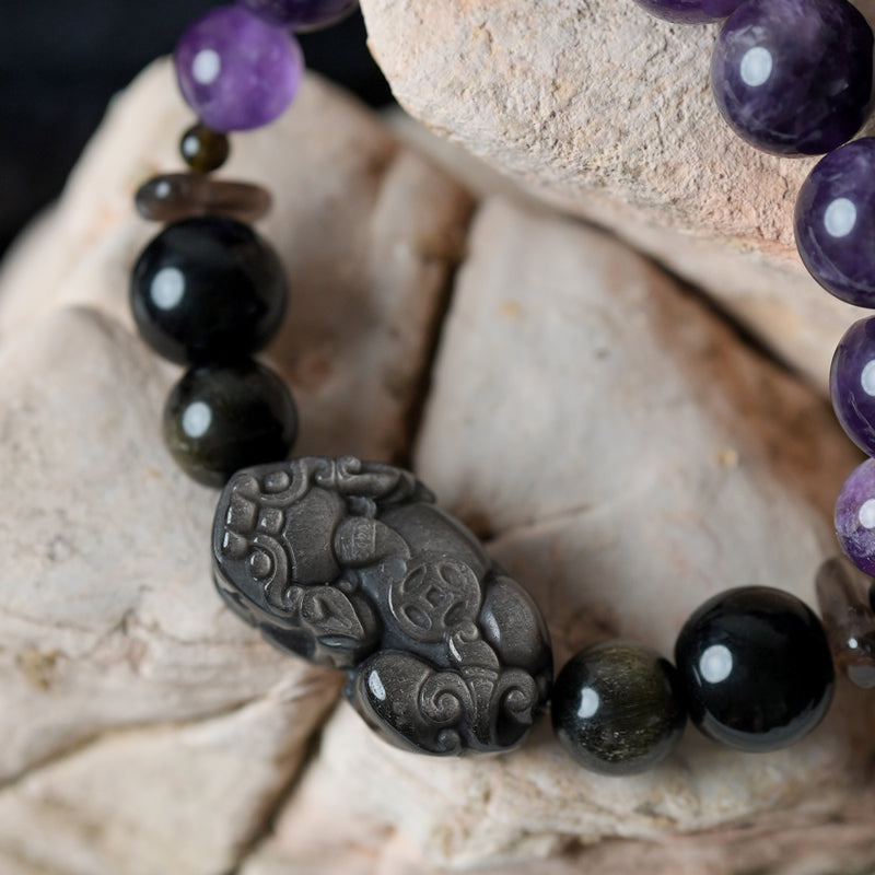 Amethyst Silver Obsidian  Healing Bracelet