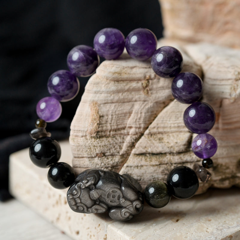 Amethyst Silver Obsidian  Healing Bracelet