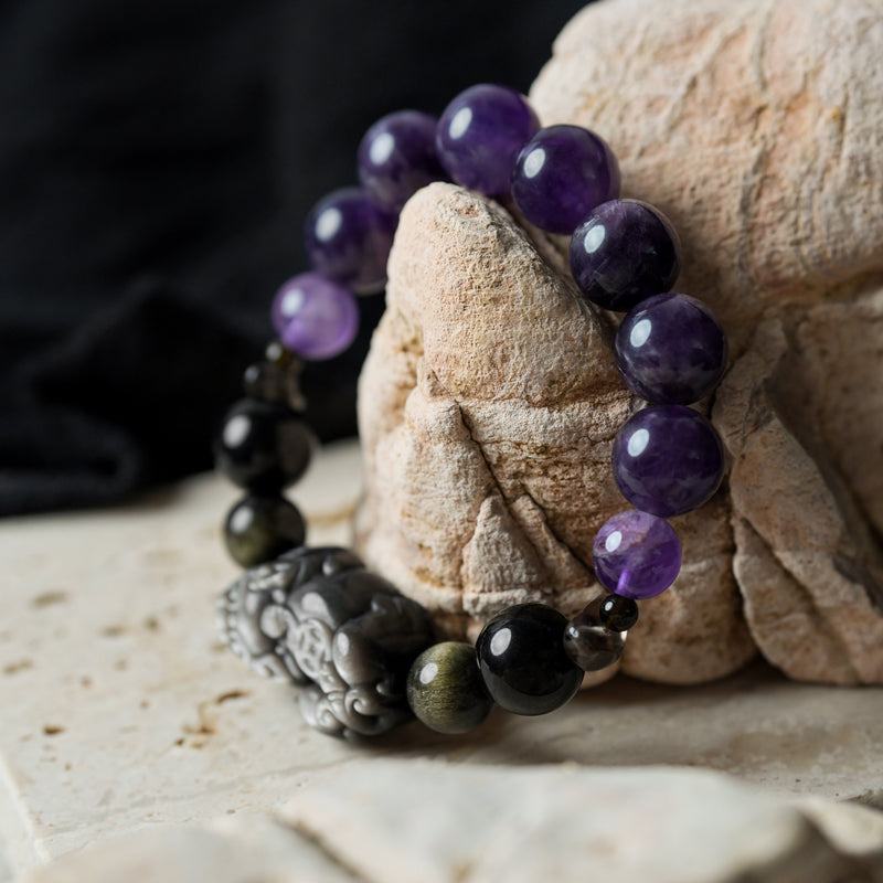 Amethyst Silver Obsidian  Healing Bracelet