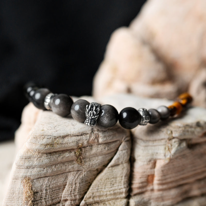 Dragon Protection Silver Obsidian Tiger Eyes Bracelet