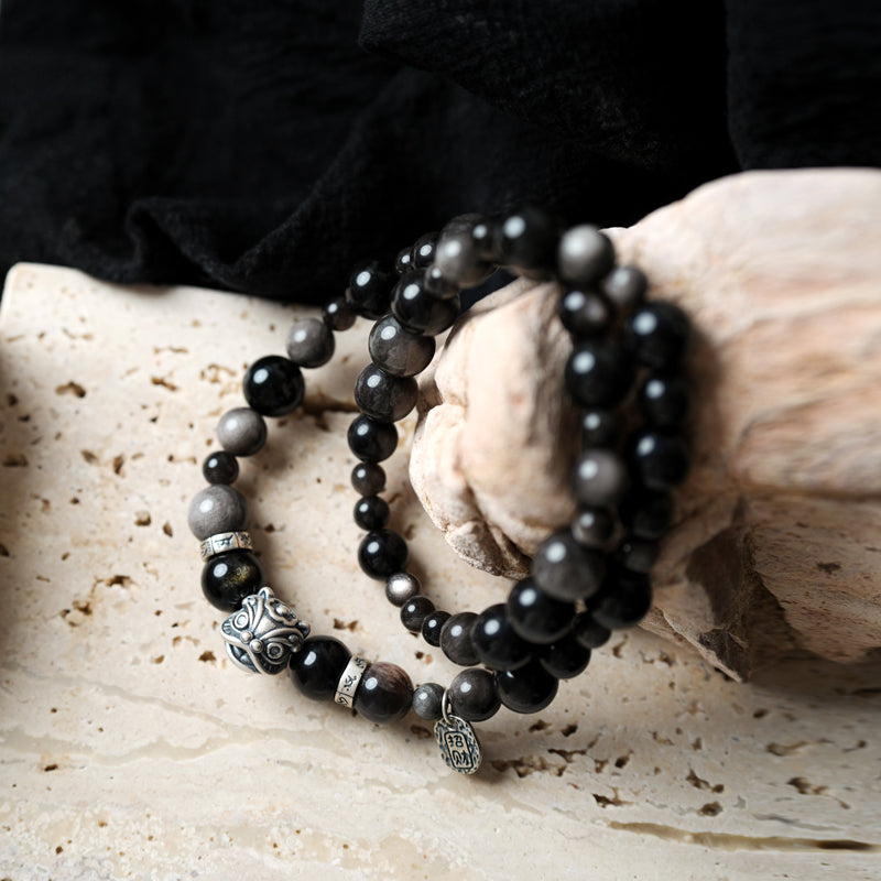 Black Obsidian Sunstone PiXiu Strength Double Bracelet