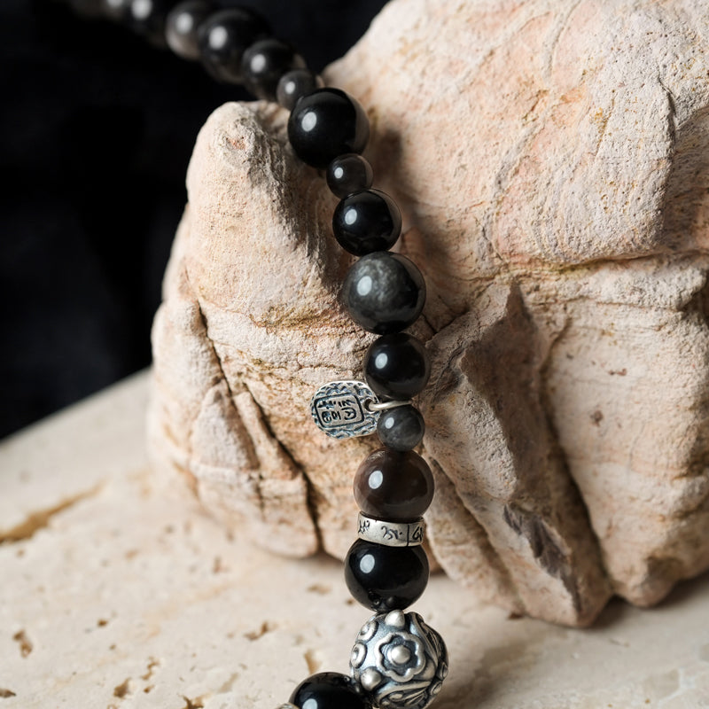 Black Obsidian Sunstone PiXiu Strength Double Bracelet