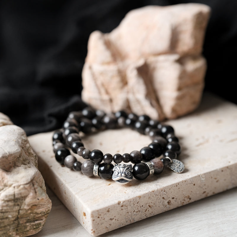 Black Obsidian Sunstone PiXiu Strength Double Bracelet