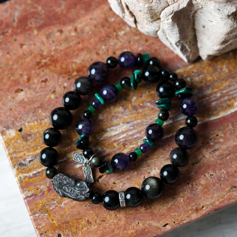 Black Obsidian Malachite Amethyst Double Layer Bracelet