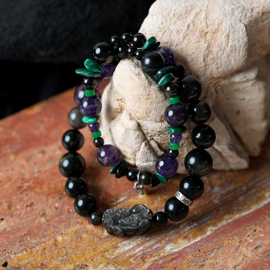 Black Obsidian Malachite Amethyst Double Layer Bracelet