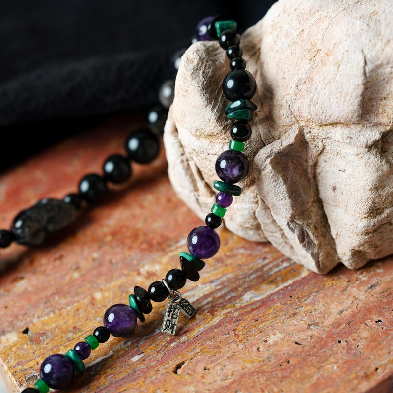 Black Obsidian Malachite Amethyst Double Layer Bracelet