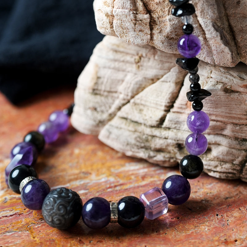 Black Obsidian Amethyst Rutilated Quartz Double Layer Bracelet