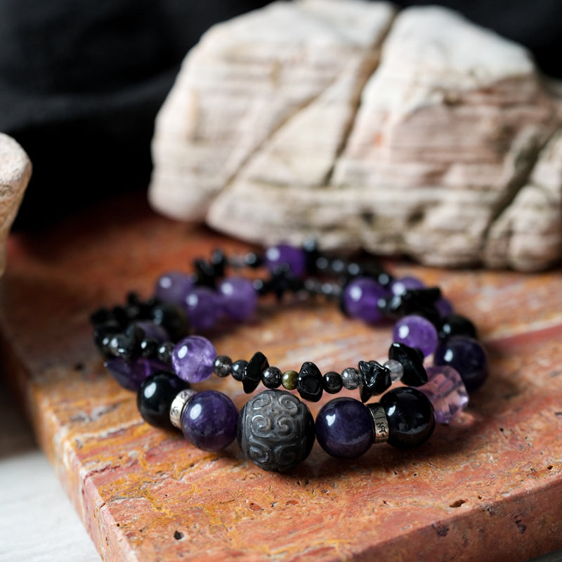 Black Obsidian Amethyst Rutilated Quartz Double Layer Bracelet