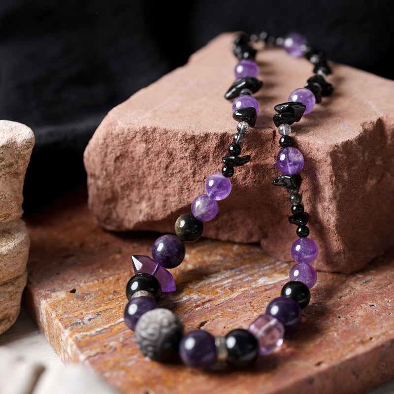 Black Obsidian Amethyst Rutilated Quartz Double Layer Bracelet