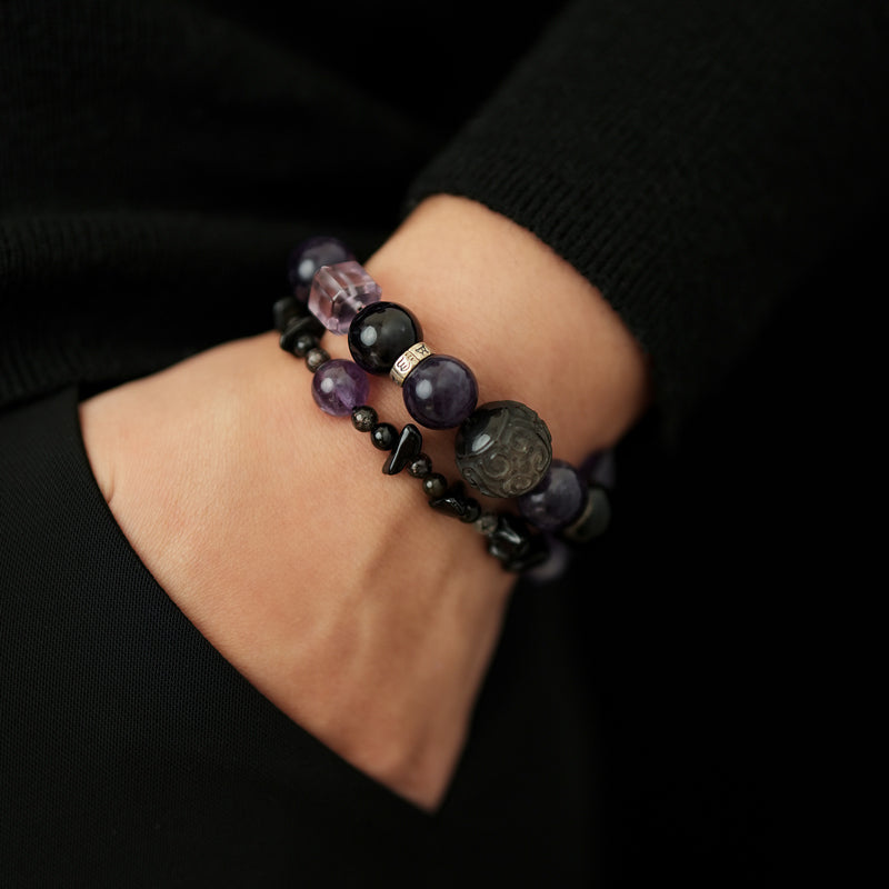 Black Obsidian Amethyst Rutilated Quartz Double Layer Bracelet