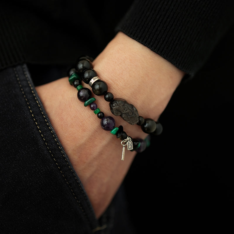 Black Obsidian Malachite Amethyst Double Layer Bracelet