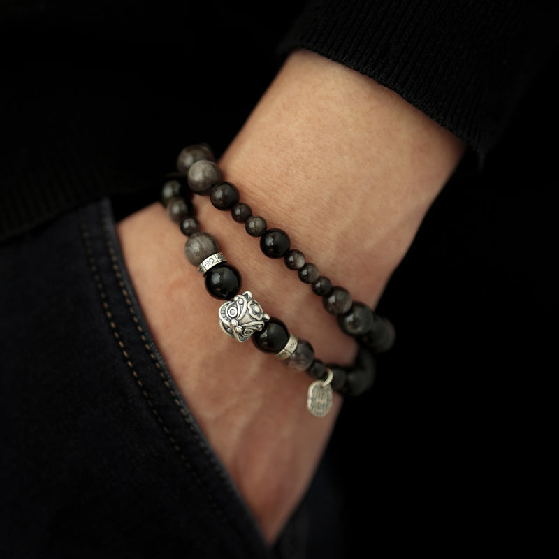 Black Obsidian Sunstone PiXiu Strength Double Bracelet