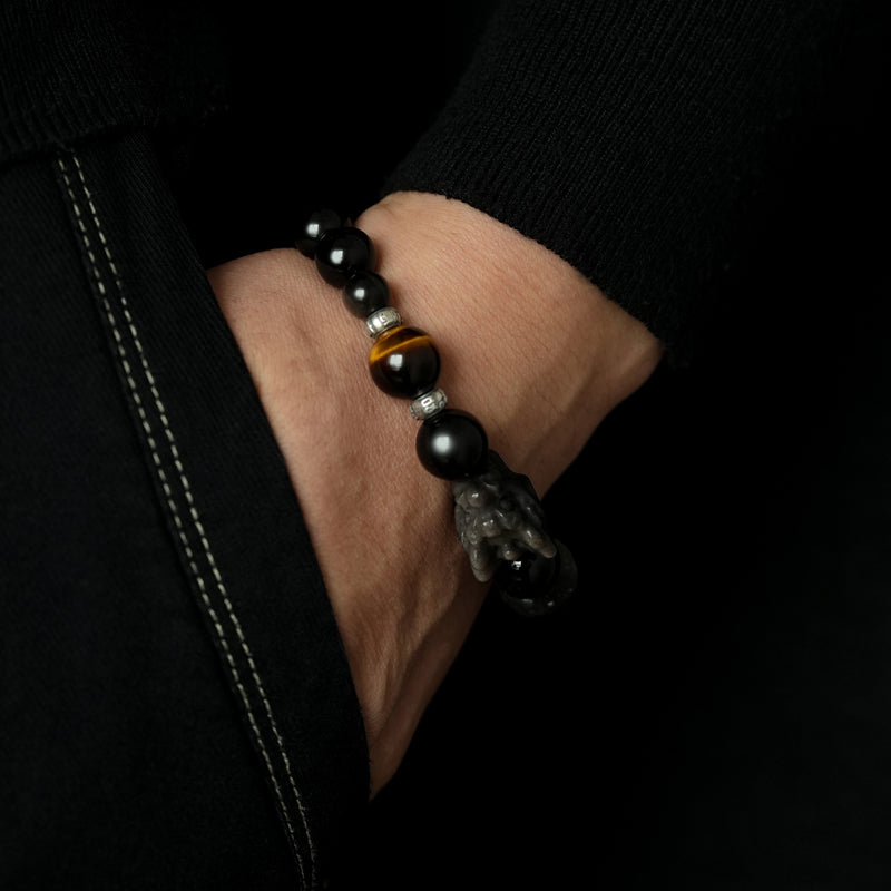 Obsidian Tiger's Eye Silver Golden Sheen Strength Bracelet